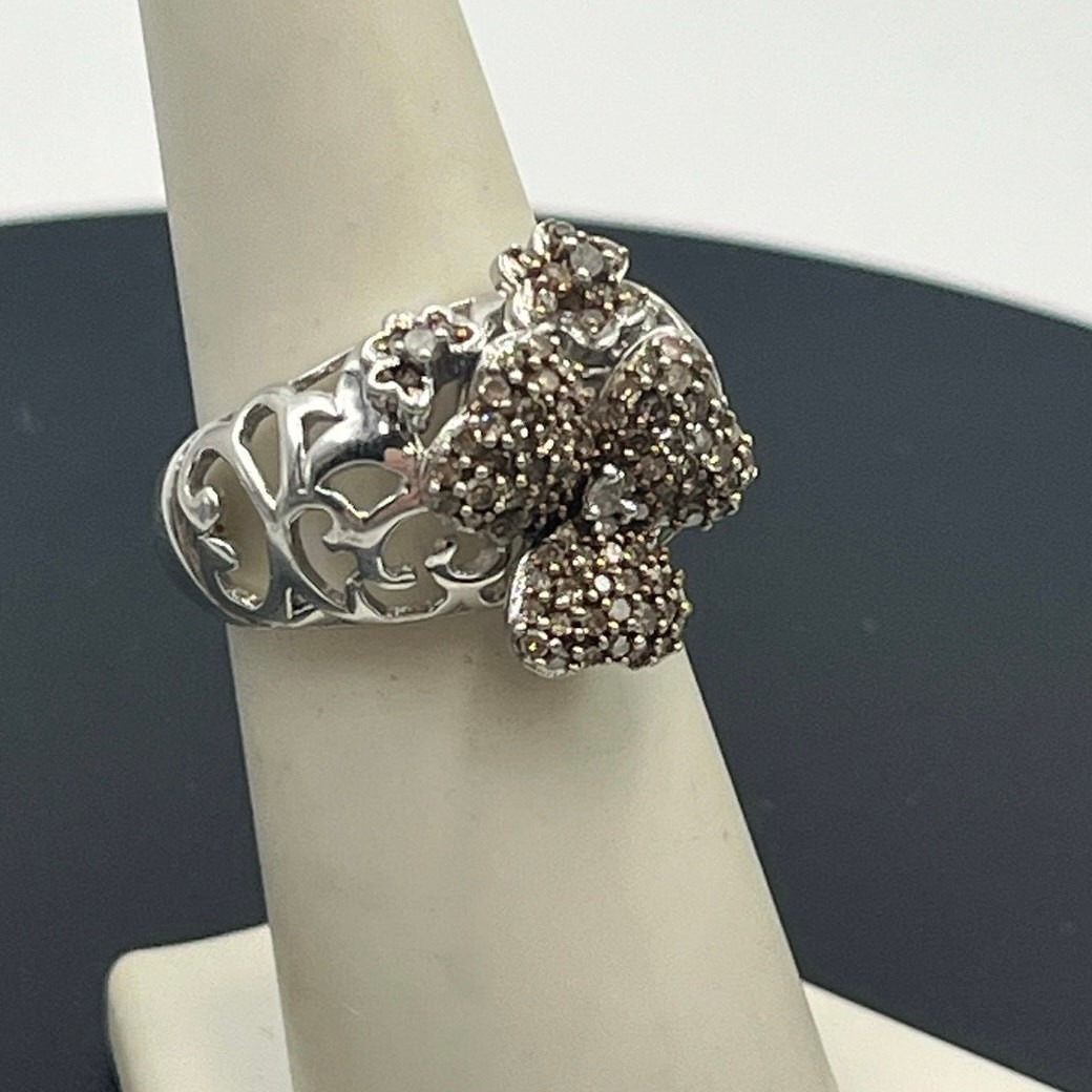 Mdj Michael Drechsler Sterling Silver Diamond Pave Flower Clover Ring Sz 6.5